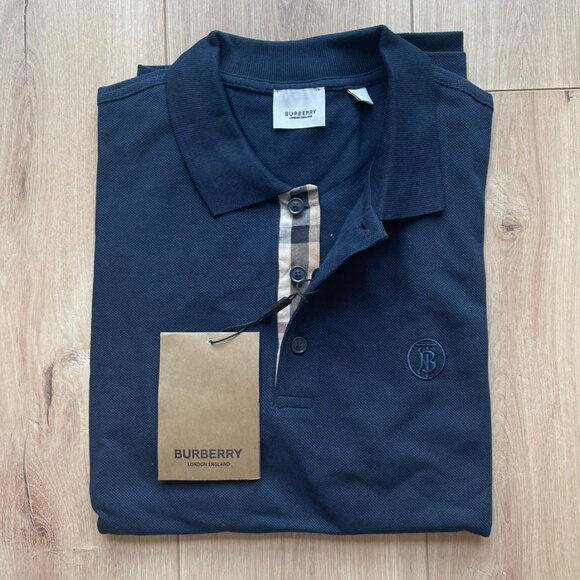 SMALL BURBERRY MEN`S NAVY BLUE COTTON POLO T-SHIRT - Picture 1 of 4